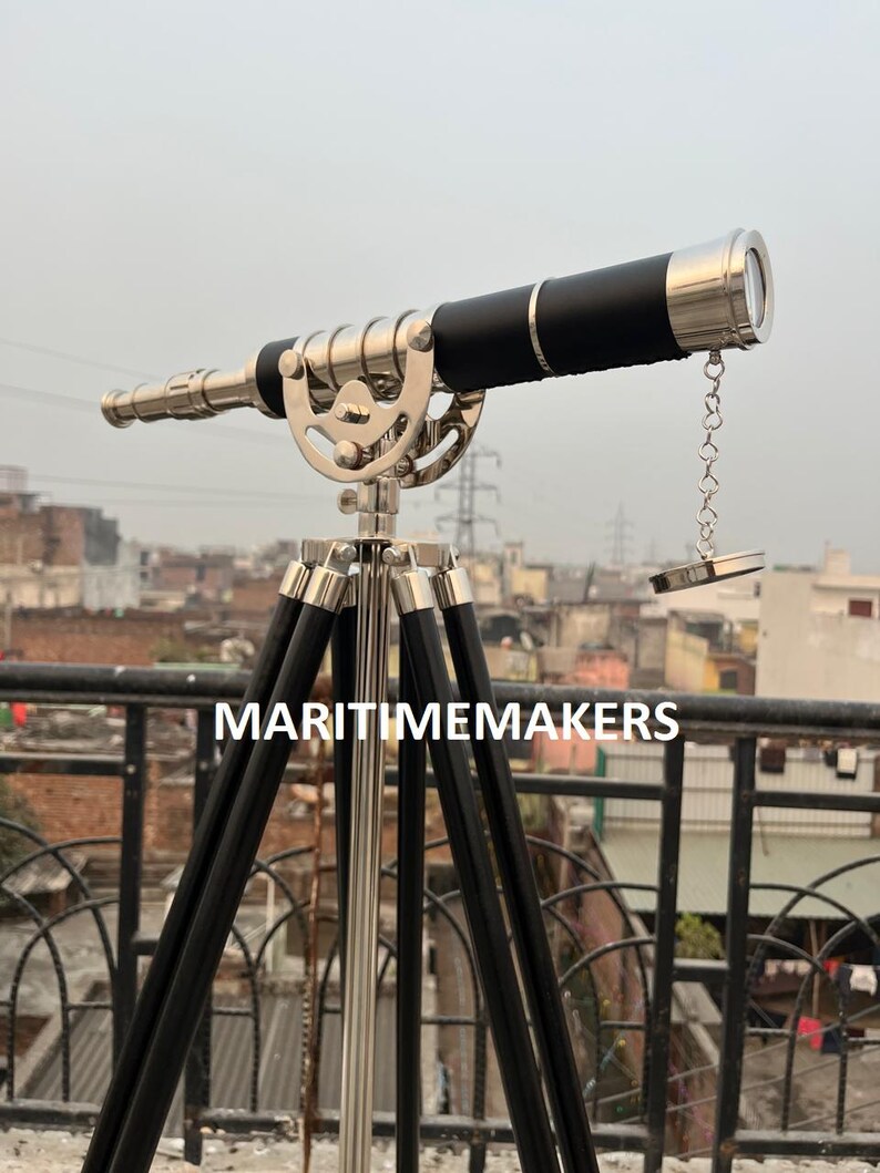 Double Barrel Chrome Finish Brass & Chrome Floor Standing Telescope 50" with Black Wooden Tripod view 17