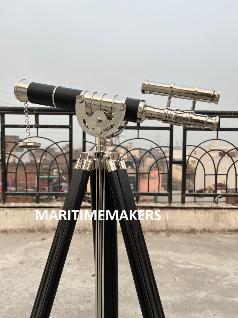 Double Barrel Chrome Finish Brass & Chrome Floor Standing Telescope 50" with Black Wooden Tripod view 18