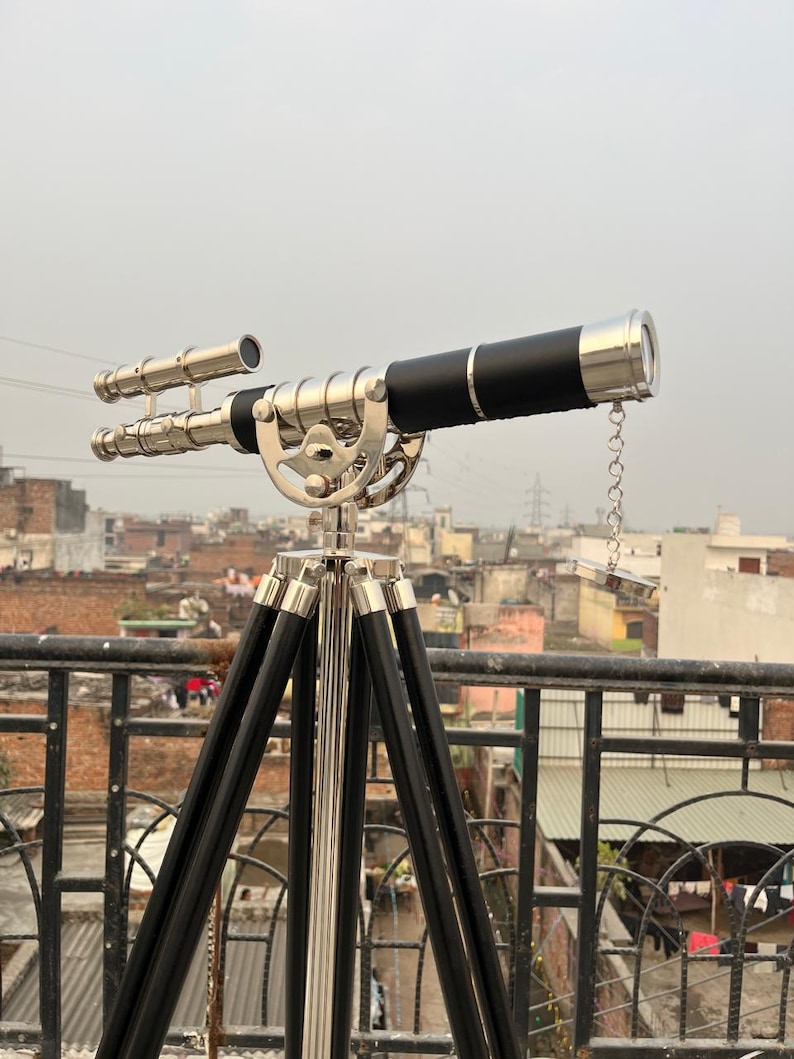 Double Barrel Chrome Finish Brass & Chrome Floor Standing Telescope 50" with Black Wooden Tripod view 21