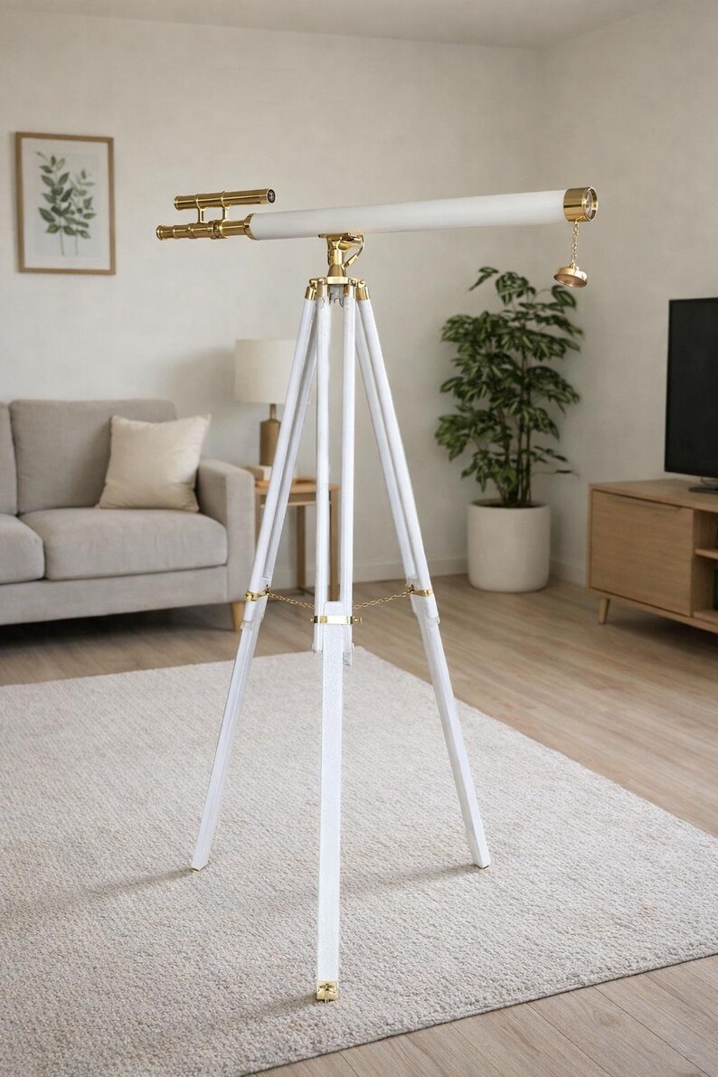 Double Barrel Brass & Leather Floor Standing Telescope 60" with White Wooden Tripod Stand view 2