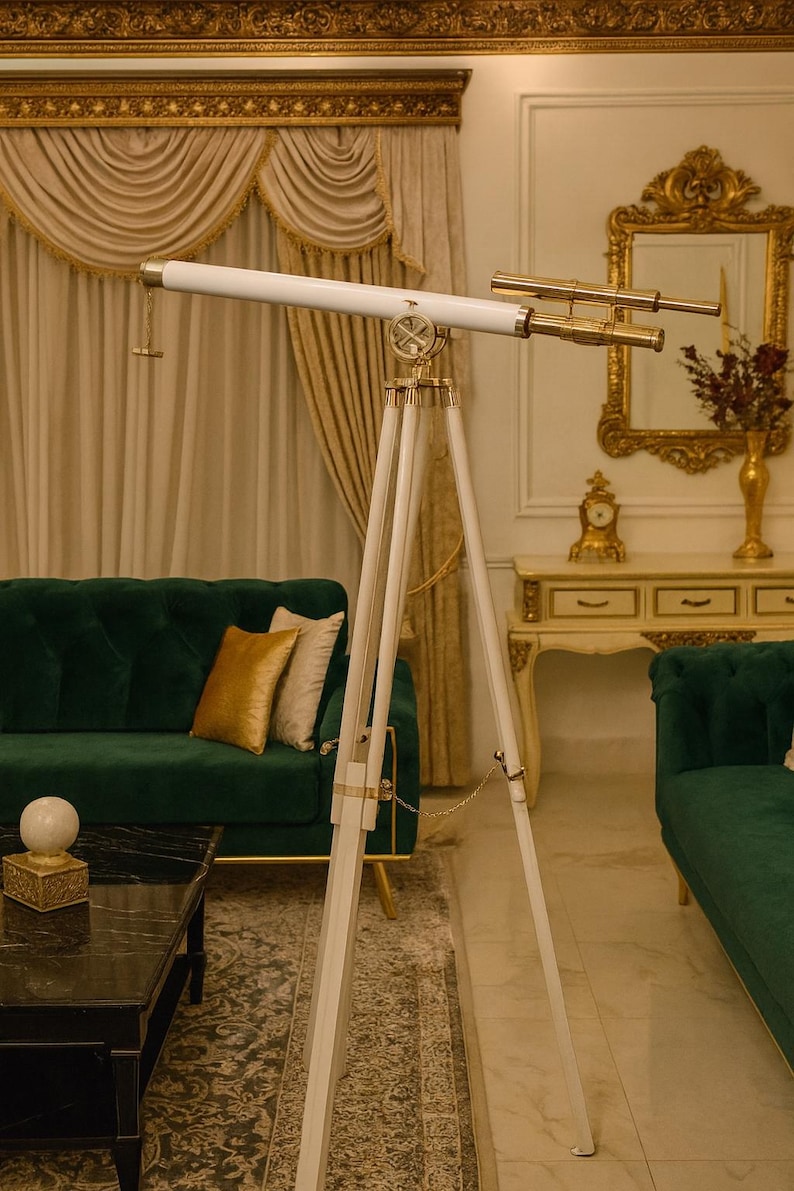 Double Barrel Brass & Leather Floor Standing Telescope 60" with White Wooden Tripod Stand view 4