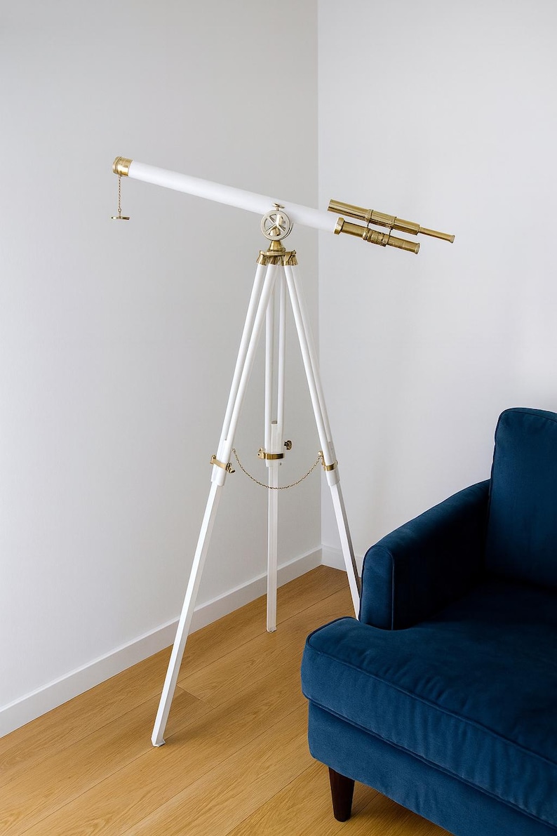 Double Barrel Brass & Leather Floor Standing Telescope 60" with White Wooden Tripod Stand view 5