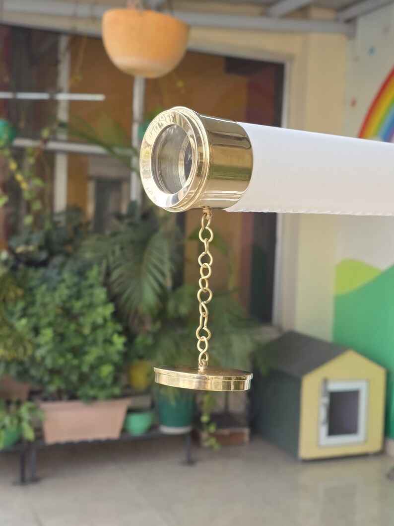 Double Barrel Brass & Leather Floor Standing Telescope 60" with White Wooden Tripod Stand view 7
