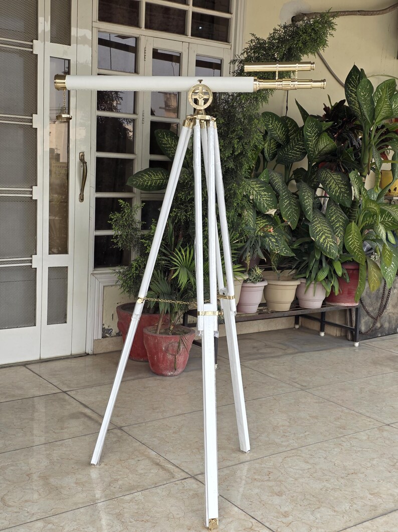 Double Barrel Brass & Leather Floor Standing Telescope 60" with White Wooden Tripod Stand view 8