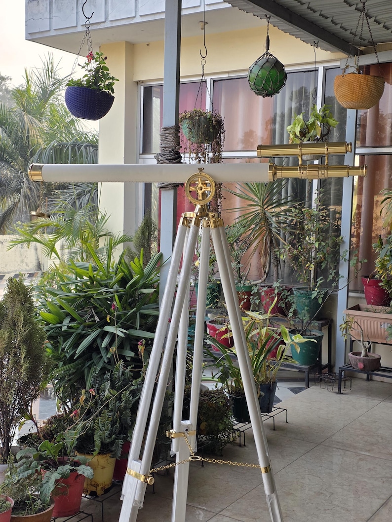 Double Barrel Brass & Leather Floor Standing Telescope 60" with White Wooden Tripod Stand view 10