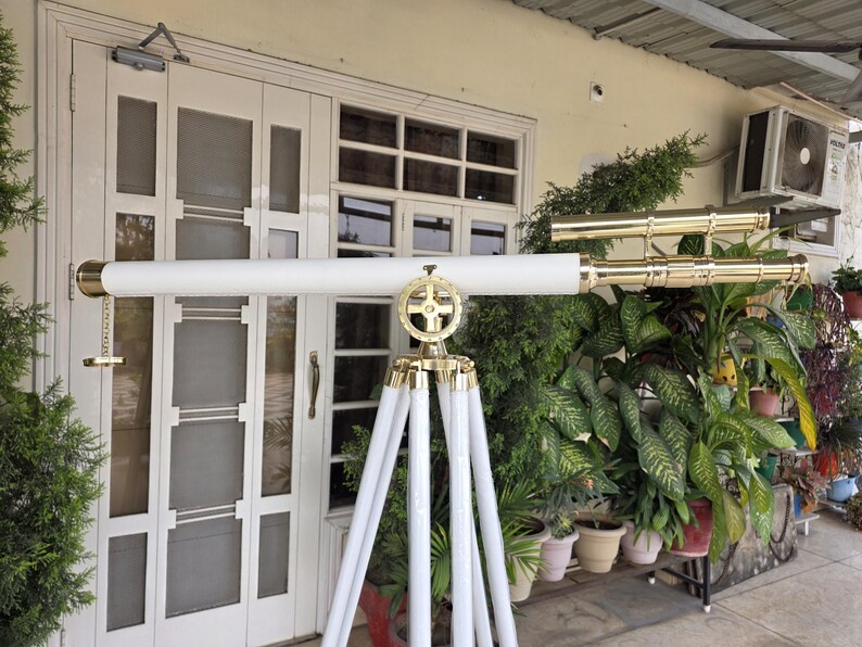 Double Barrel Brass & Leather Floor Standing Telescope 60" with White Wooden Tripod Stand view 11