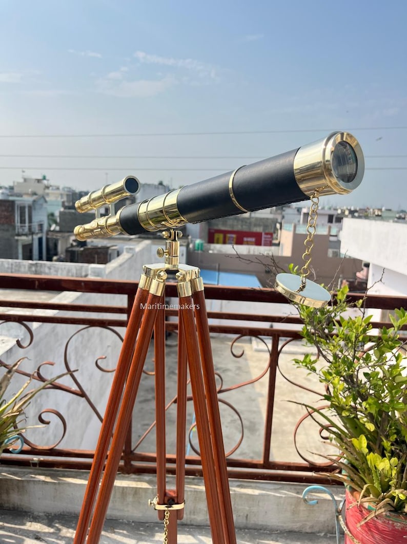 Double Barrel Brass & Wood Floor Standing Telescope 50" with Rosewood Tripod Stand view 2