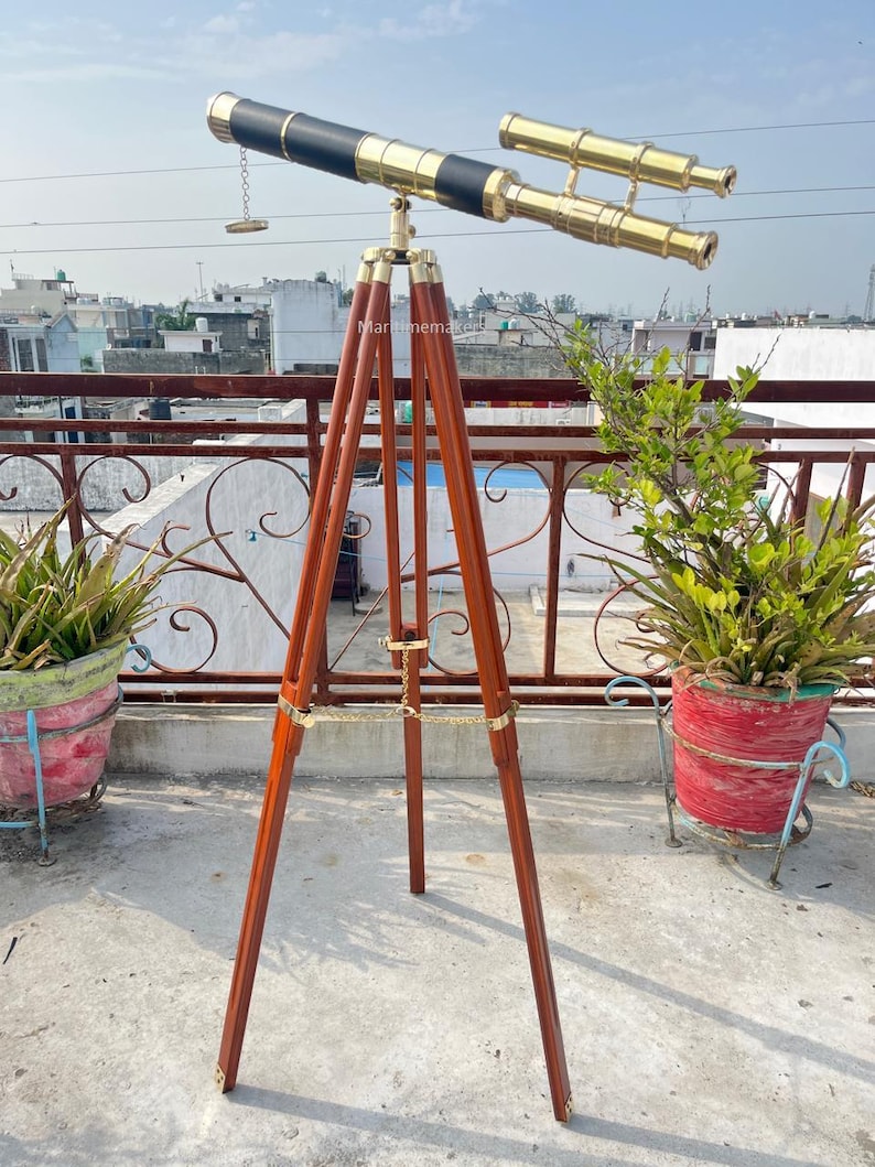 Double Barrel Brass & Wood Floor Standing Telescope 50" with Rosewood Tripod Stand view 4