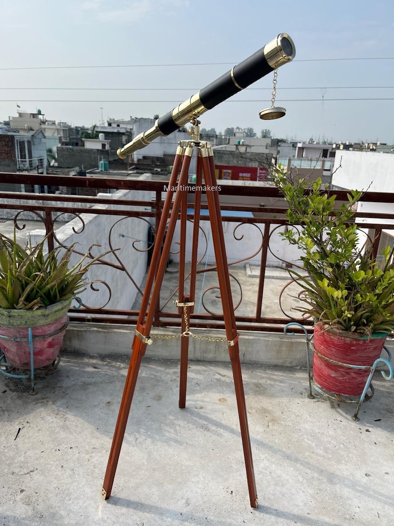 Double Barrel Brass & Wood Floor Standing Telescope 50" with Rosewood Tripod Stand view 5