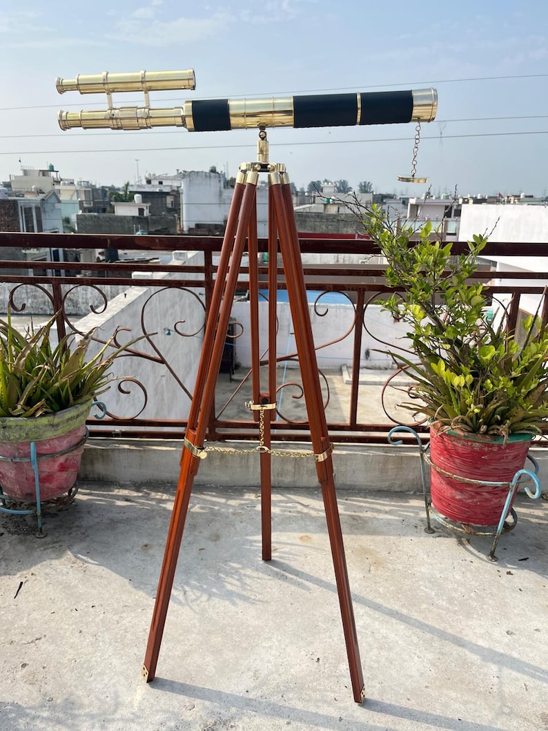 Double Barrel Brass & Wood Floor Standing Telescope 50" with Rosewood Tripod Stand view 6