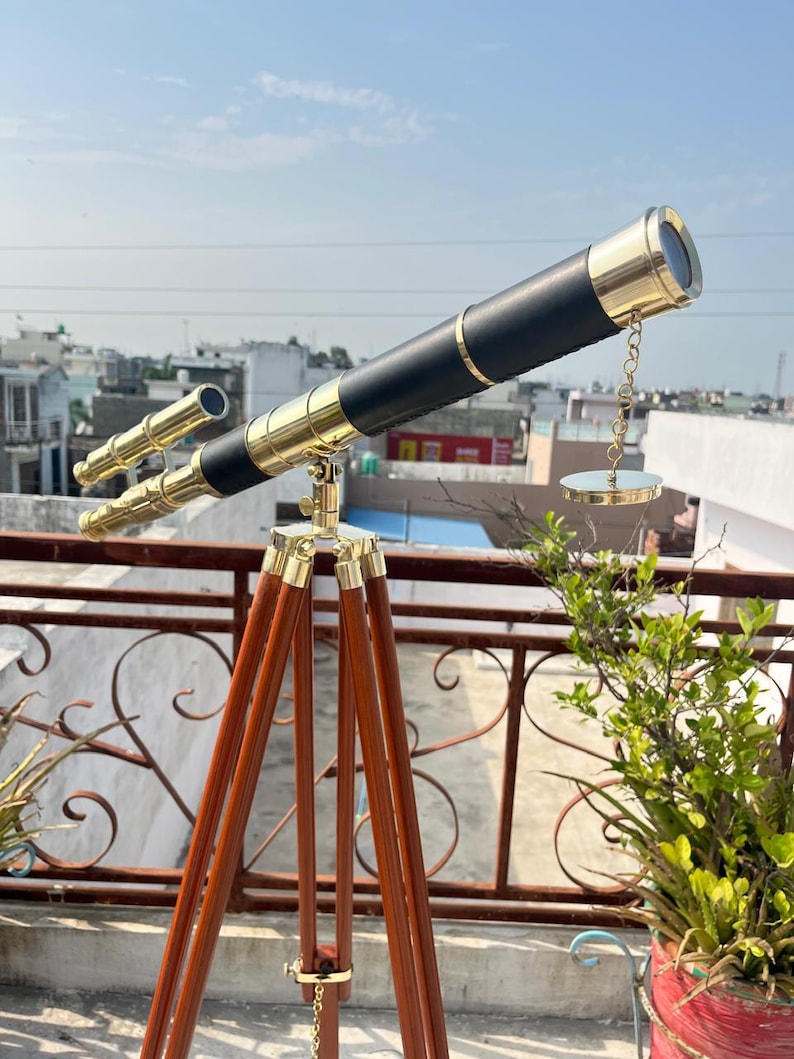 Double Barrel Brass & Wood Floor Standing Telescope 50" with Rosewood Tripod Stand view 7