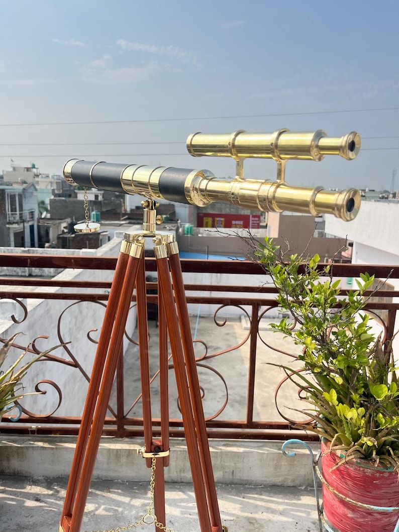 Double Barrel Brass & Wood Floor Standing Telescope 50" with Rosewood Tripod Stand view 8