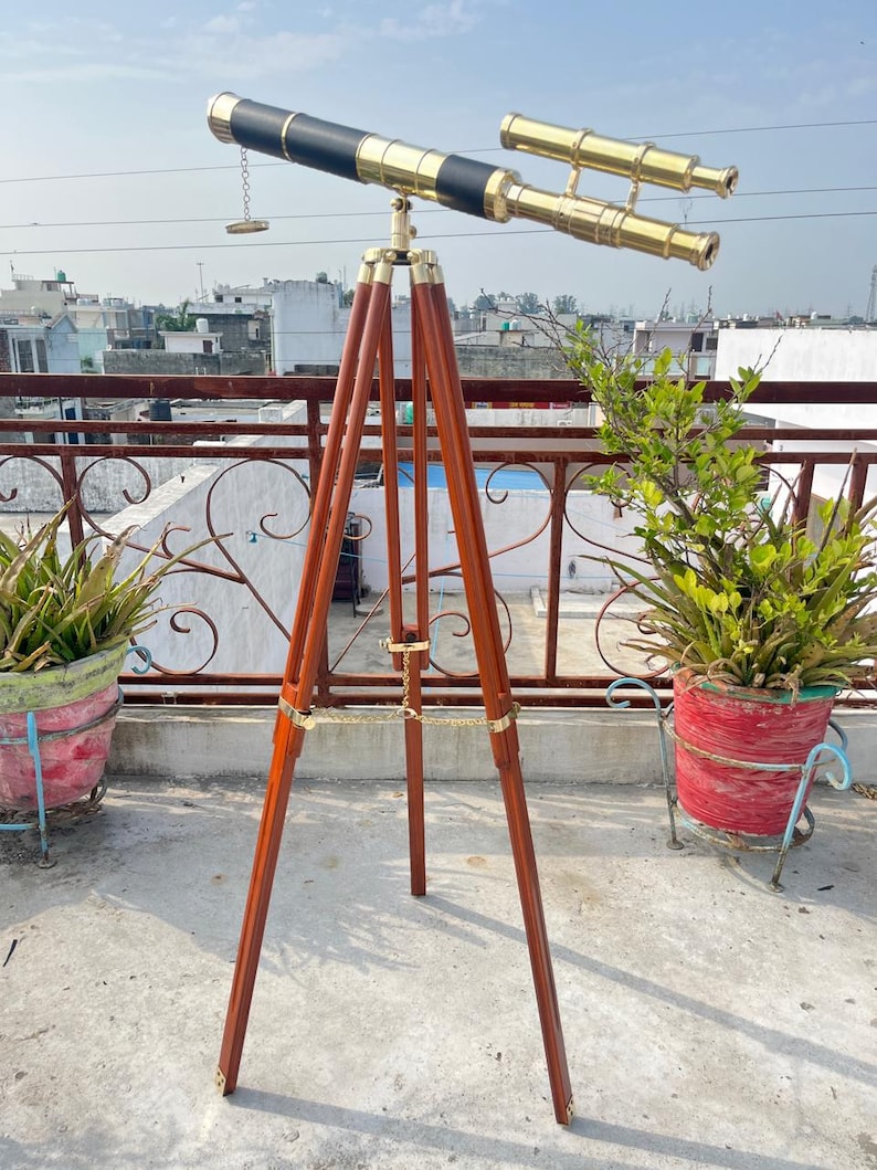 Double Barrel Brass & Wood Floor Standing Telescope 50" with Rosewood Tripod Stand view 10