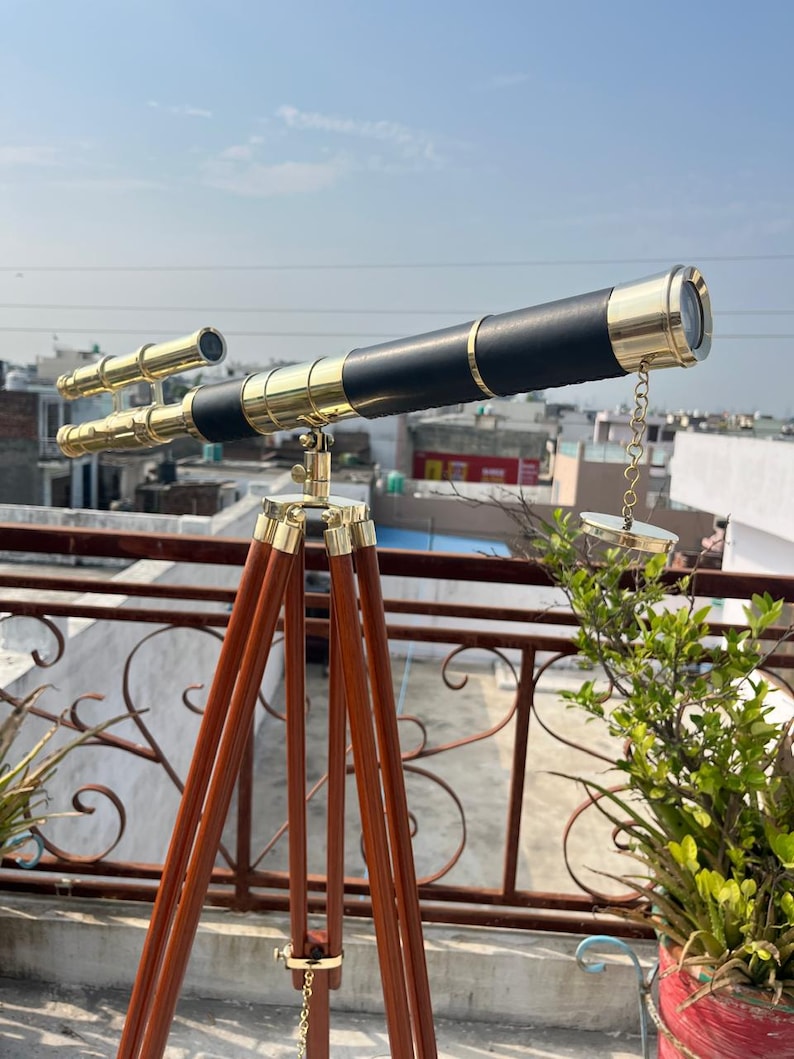 Double Barrel Brass & Wood Floor Standing Telescope 50" with Rosewood Tripod Stand view 11