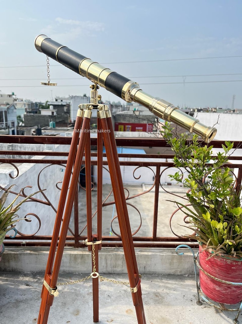 Double Barrel Brass & Wood Floor Standing Telescope 50" with Rosewood Tripod Stand view 12