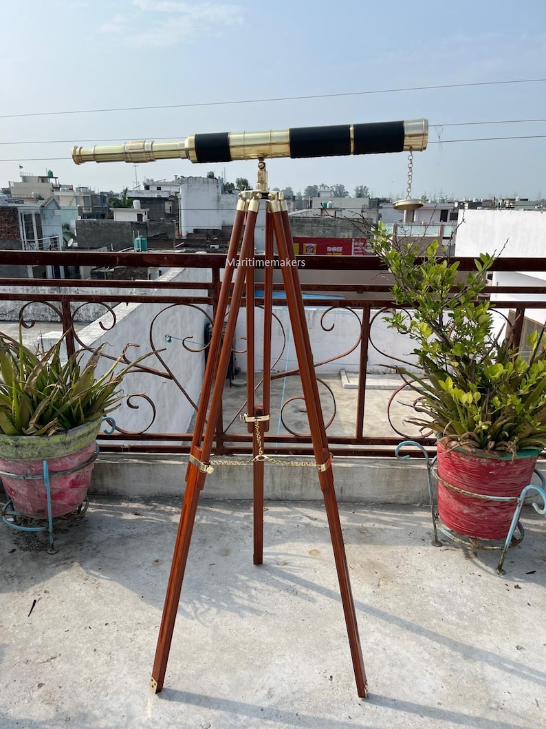 Double Barrel Brass & Wood Floor Standing Telescope 50" with Rosewood Tripod Stand view 14