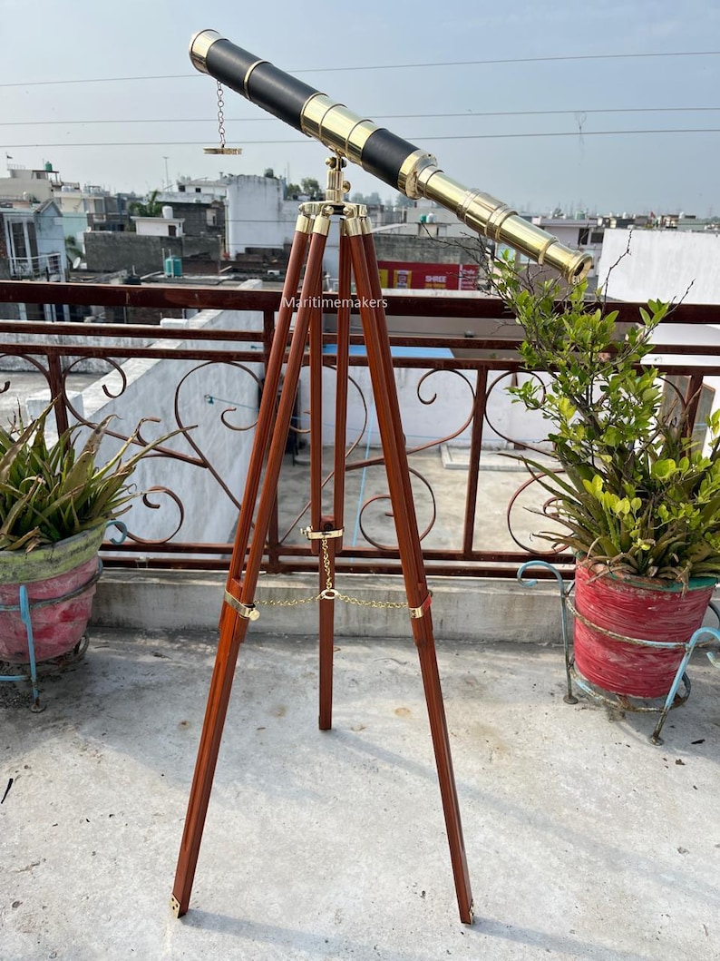 Double Barrel Brass & Wood Floor Standing Telescope 50" with Rosewood Tripod Stand view 16