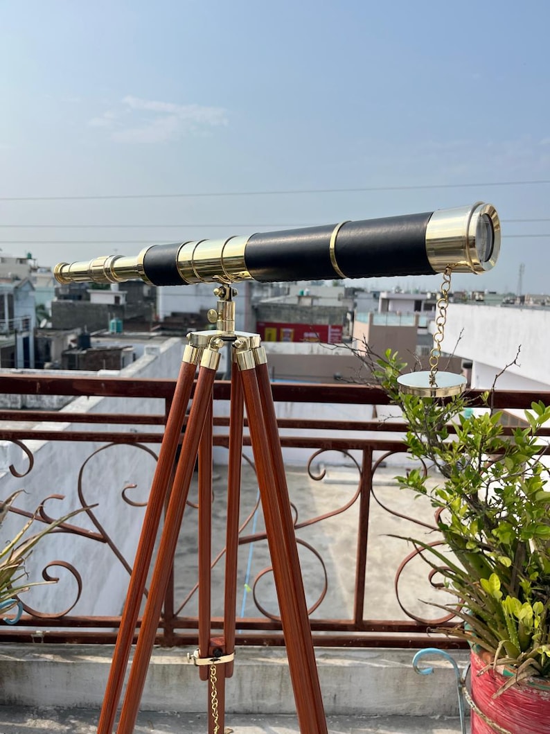 Double Barrel Brass & Wood Floor Standing Telescope 50" with Rosewood Tripod Stand view 18