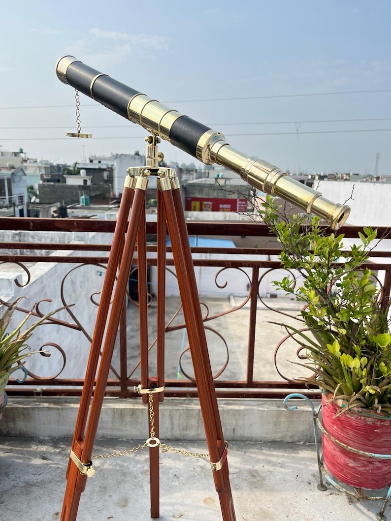 Double Barrel Brass & Wood Floor Standing Telescope 50" with Rosewood Tripod Stand view 20