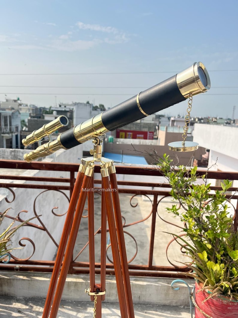 Double Barrel Brass & Wood Floor Standing Telescope 50" with Rosewood Tripod Stand view 21
