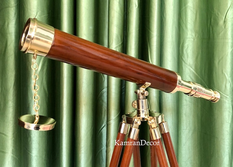 Brass & Wood Floor Standing Telescope 18" with Wooden Tripod Stand view 2