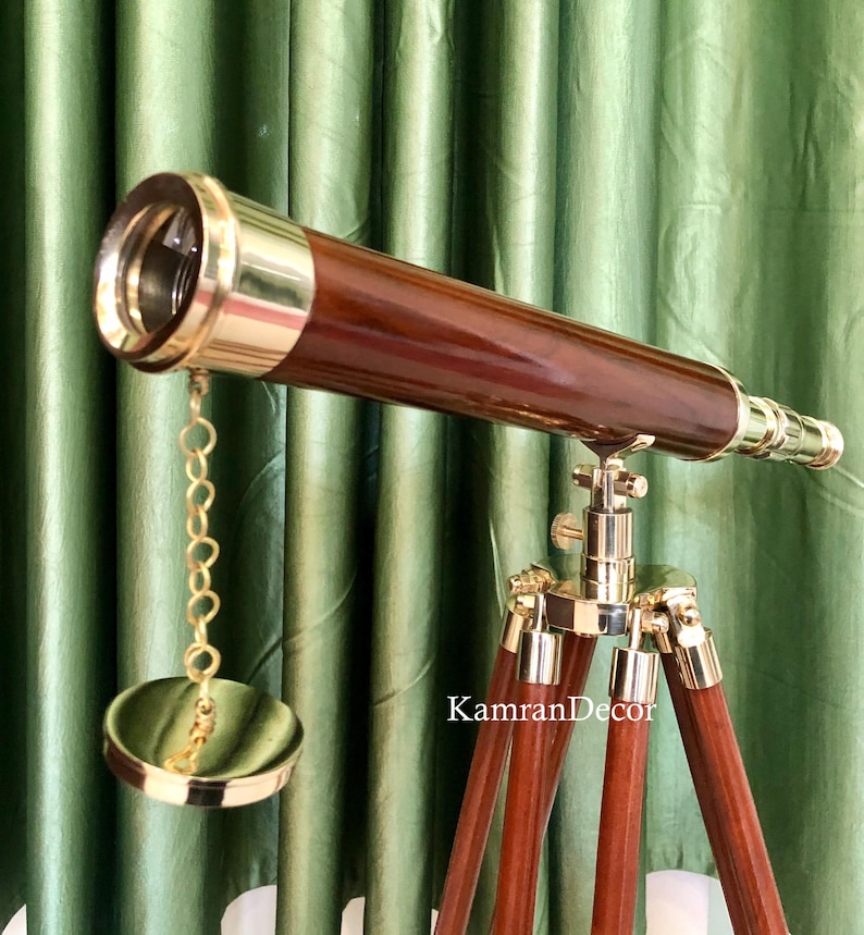 Brass & Wood Floor Standing Telescope 18" with Wooden Tripod Stand view 3