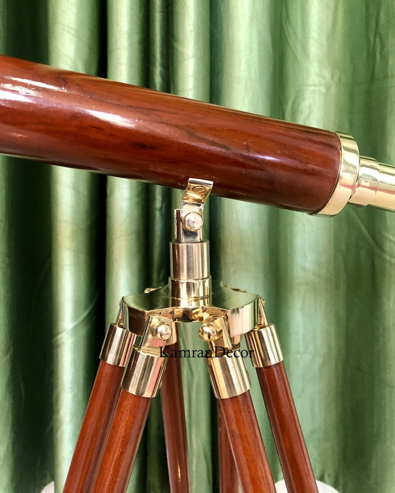 Brass & Wood Floor Standing Telescope 18" with Wooden Tripod Stand view 6