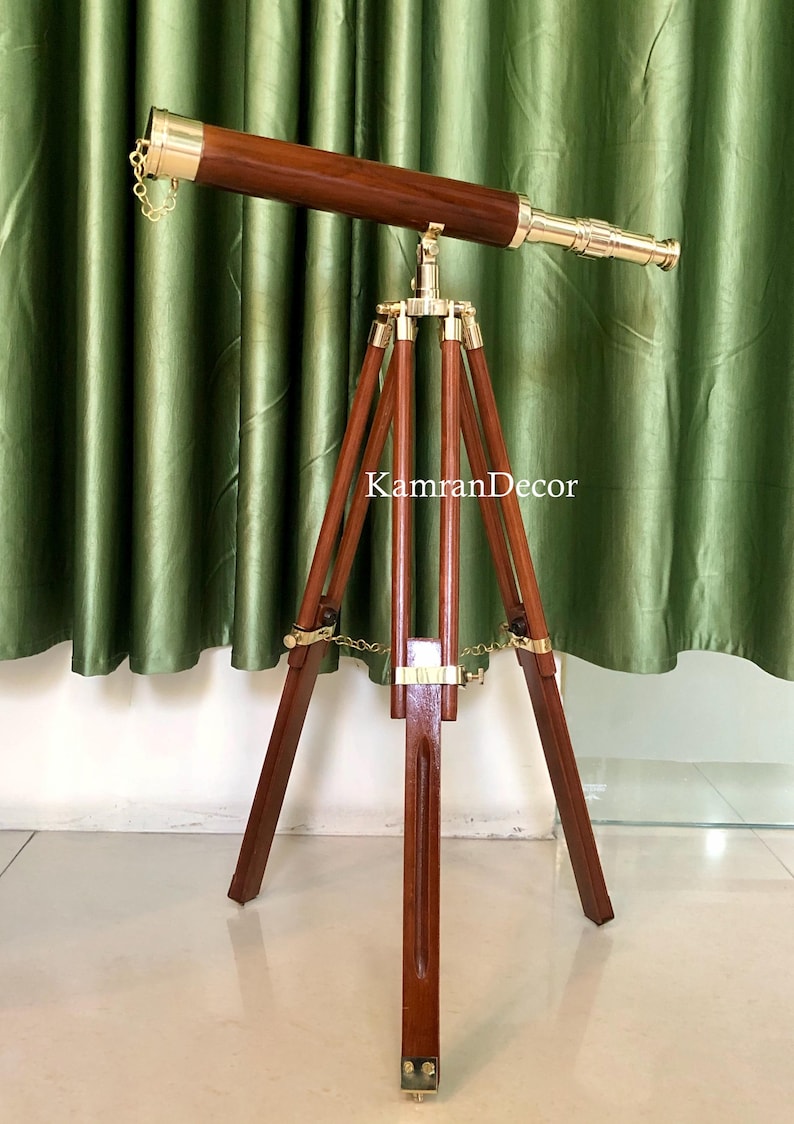 Brass & Wood Floor Standing Telescope 18" with Wooden Tripod Stand view 9