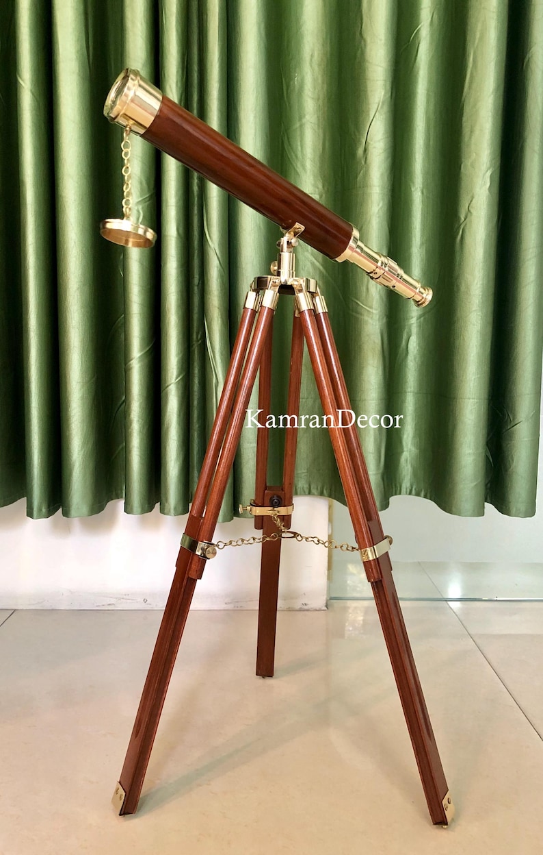 Brass & Wood Floor Standing Telescope 18" with Wooden Tripod Stand view 10