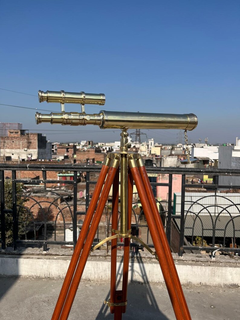 Double Barrel Brass Floor Standing Telescope 52" with Wooden Tripod Stand view 3
