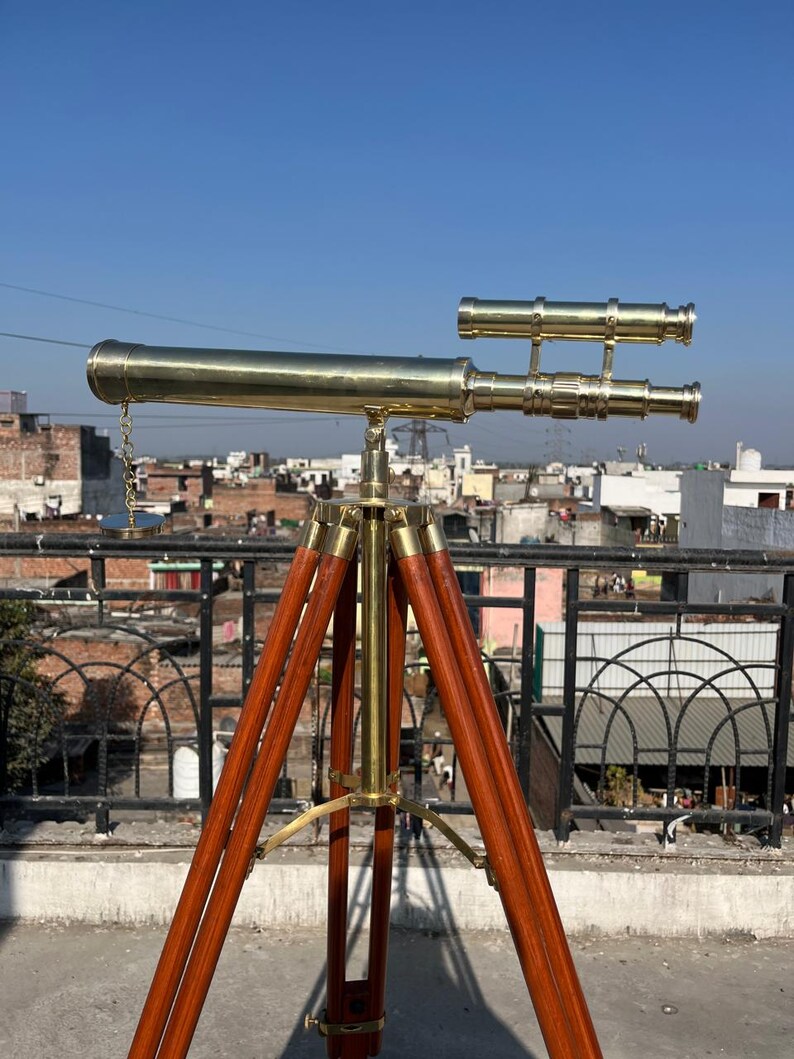 Double Barrel Brass Floor Standing Telescope 52" with Wooden Tripod Stand view 5