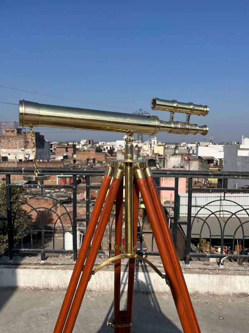 Double Barrel Brass Floor Standing Telescope 52" with Wooden Tripod Stand view 8
