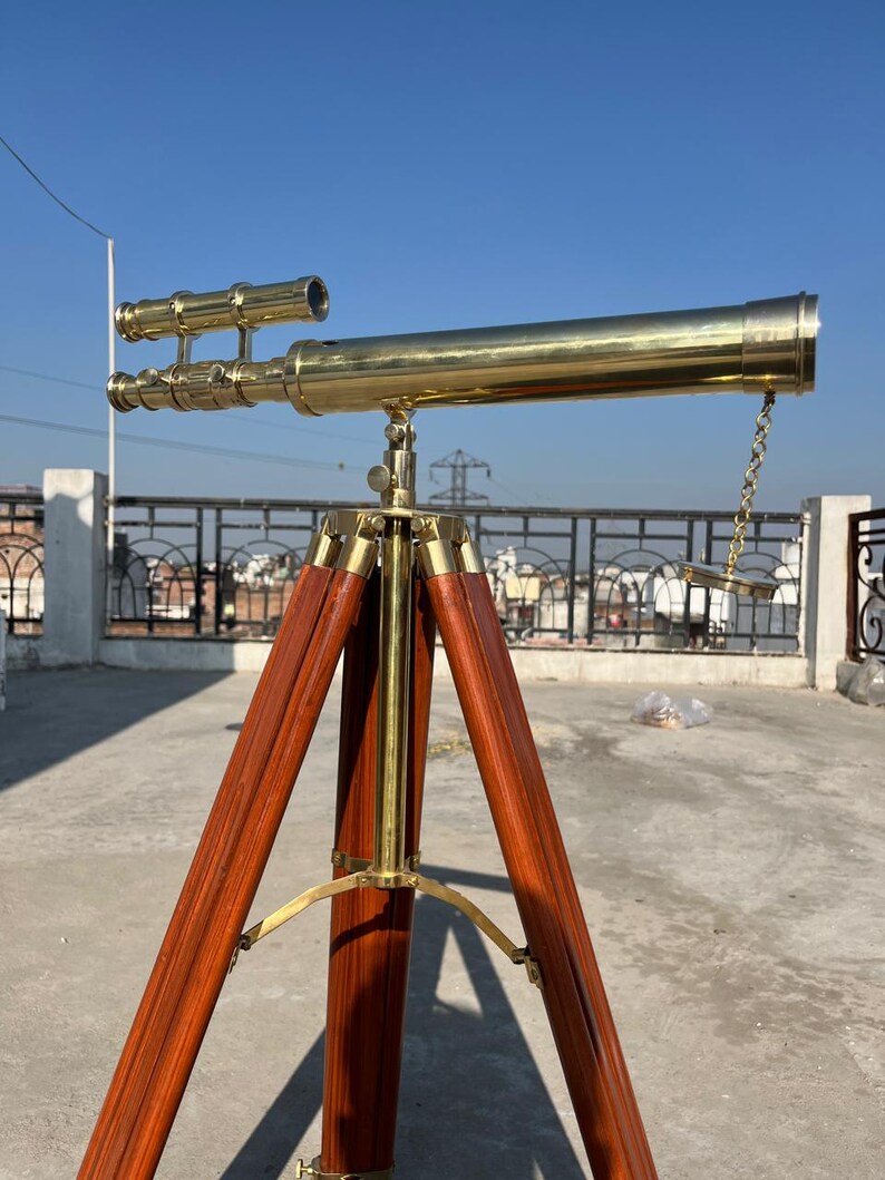 Double Barrel Brass Floor Standing Telescope 52" with Wooden Tripod Stand view 11