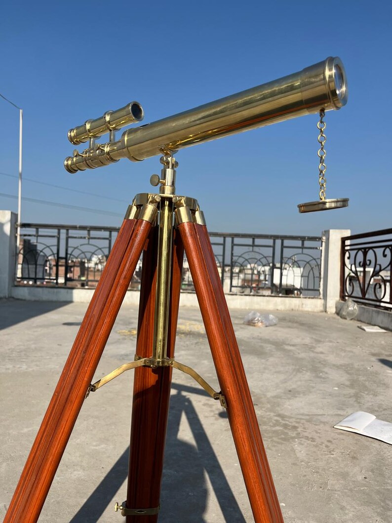 Double Barrel Brass Floor Standing Telescope 52" with Wooden Tripod Stand view 13