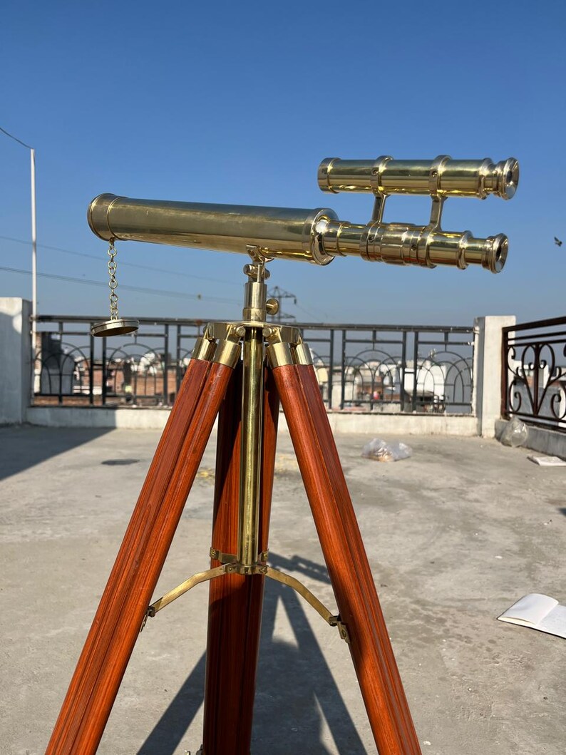 Double Barrel Brass Floor Standing Telescope 52" with Wooden Tripod Stand view 16