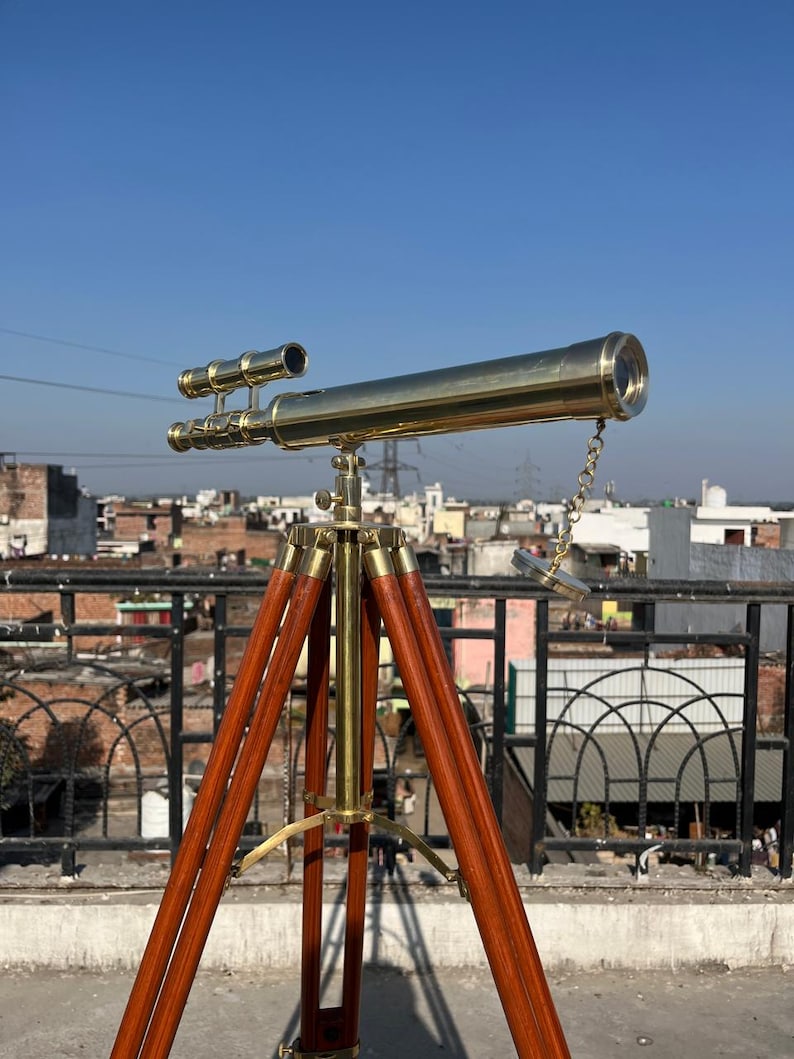 Double Barrel Brass Floor Standing Telescope 52" with Wooden Tripod Stand view 17