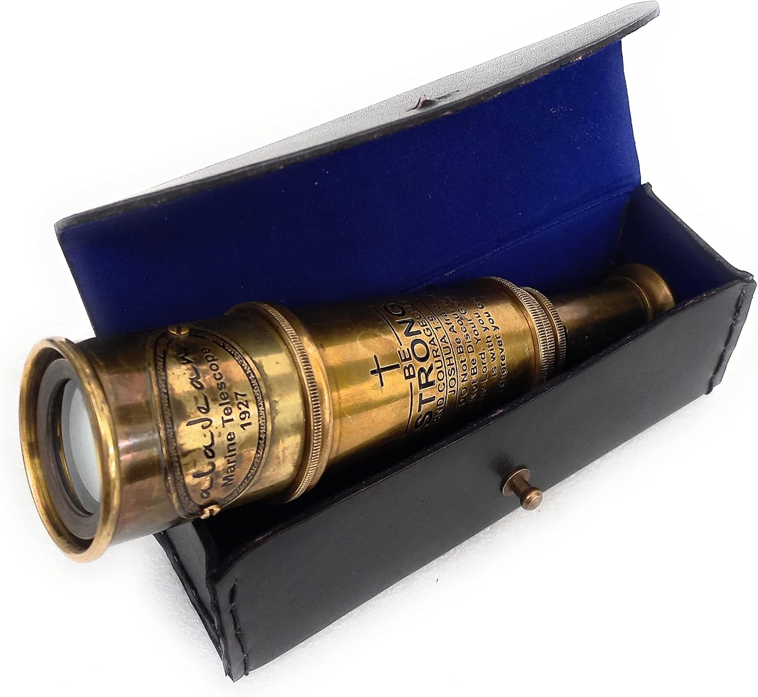 Engraved Joshua 1:9 Brass Spyglass 16" with Leather Case view 4