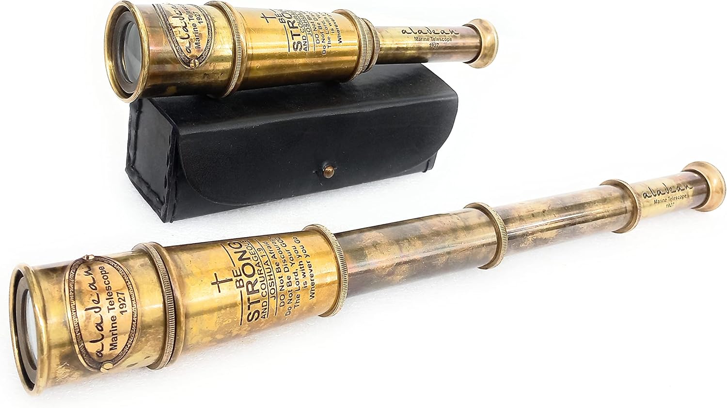 Engraved Joshua 1:9 Brass Spyglass 16" with Leather Case view 5