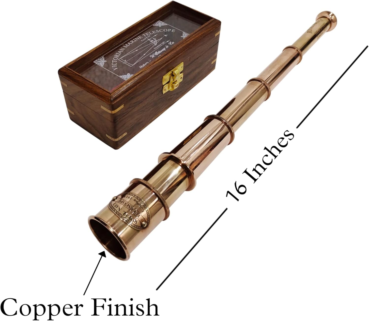 Brass Spyglass Telescope 17" with Wooden Box with Glass Cover view 2