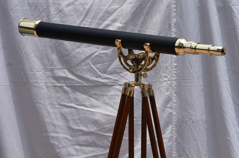 Brass & Leather Floor Standing Telescope 65" with Wooden Tripod view 2