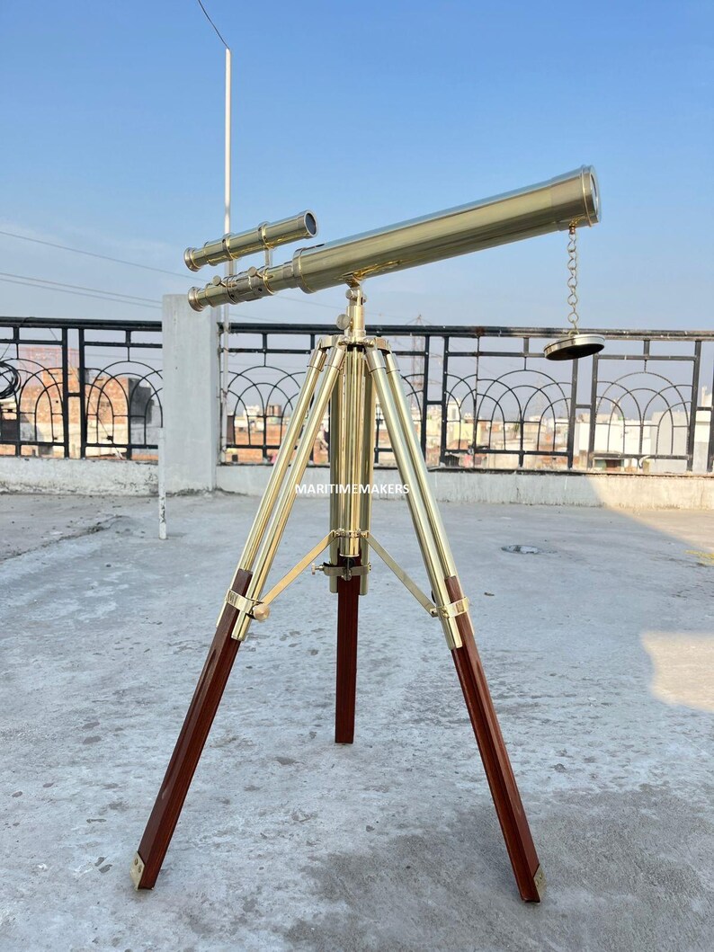 Double Barrel Brass Floor Standing Telescope 40" with Wooden Tripod Stand view 3