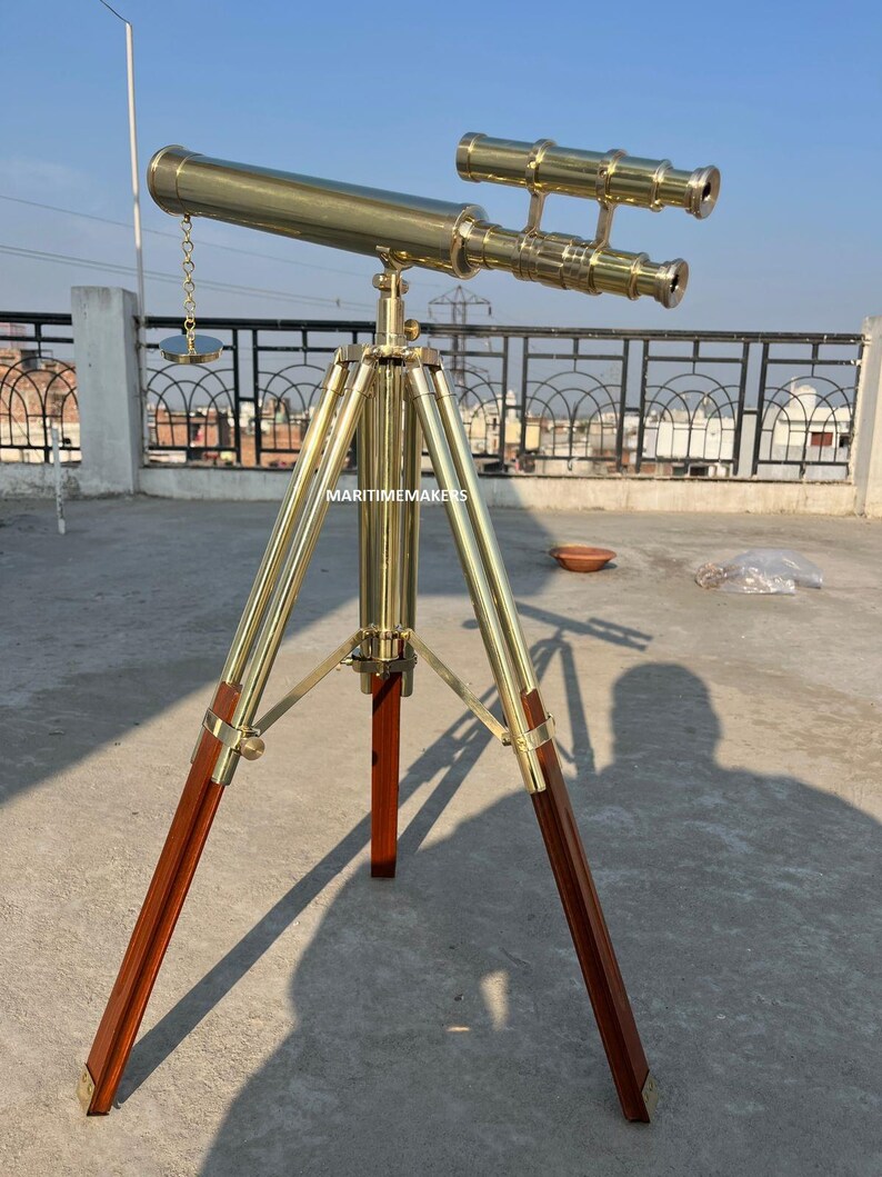 Double Barrel Brass Floor Standing Telescope 40" with Wooden Tripod Stand view 4