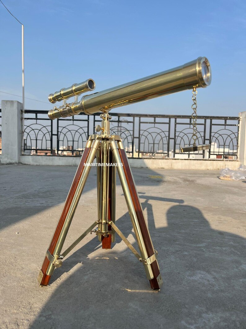 Double Barrel Brass Floor Standing Telescope 40" with Wooden Tripod Stand view 5