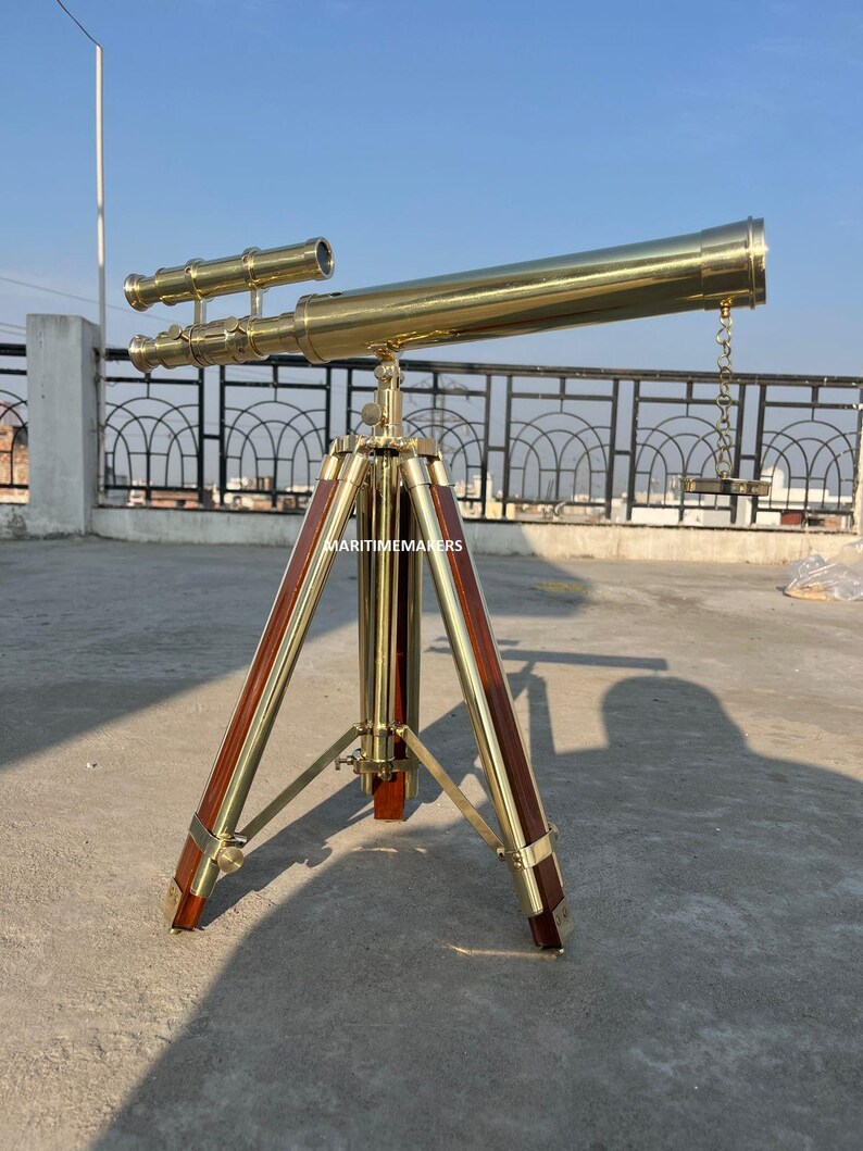 Double Barrel Brass Floor Standing Telescope 40" with Wooden Tripod Stand view 6