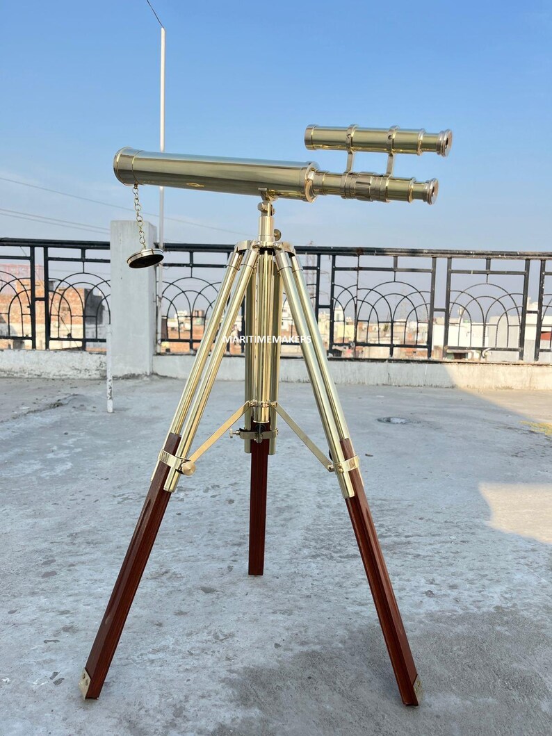 Double Barrel Brass Floor Standing Telescope 40" with Wooden Tripod Stand view 7
