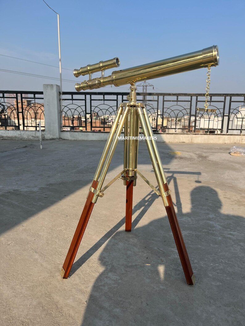 Double Barrel Brass Floor Standing Telescope 40" with Wooden Tripod Stand view 9
