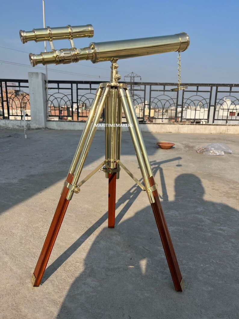 Double Barrel Brass Floor Standing Telescope 40" with Wooden Tripod Stand view 10