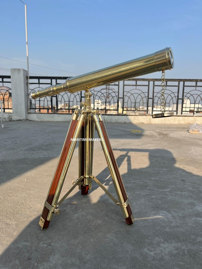 Double Barrel Brass Floor Standing Telescope 40" with Wooden Tripod Stand view 11