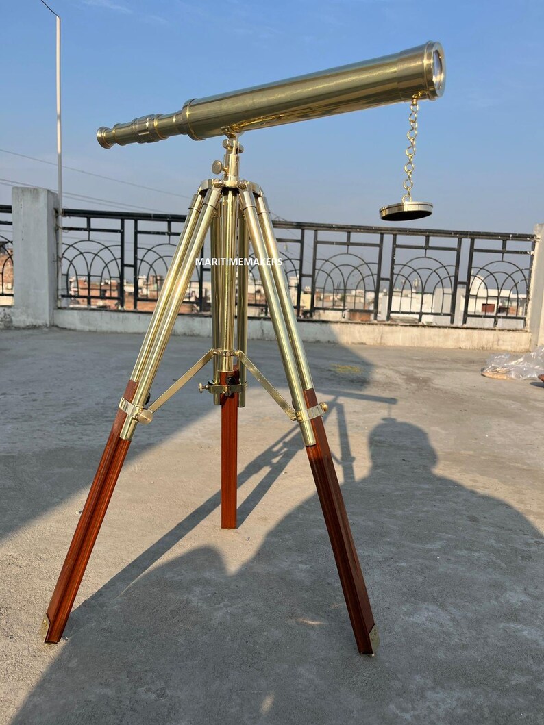Double Barrel Brass Floor Standing Telescope 40" with Wooden Tripod Stand view 12