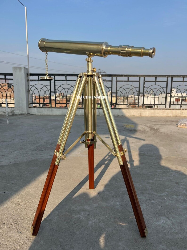 Double Barrel Brass Floor Standing Telescope 40" with Wooden Tripod Stand view 15